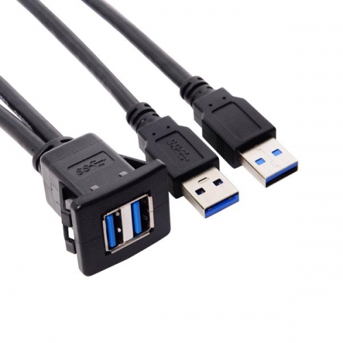 SYSTEM-S Dual USB A 3.0 Buchse auf 2x USB A 3.0 Stecker Verlängerungskabel  Einbaubuchse 100cm